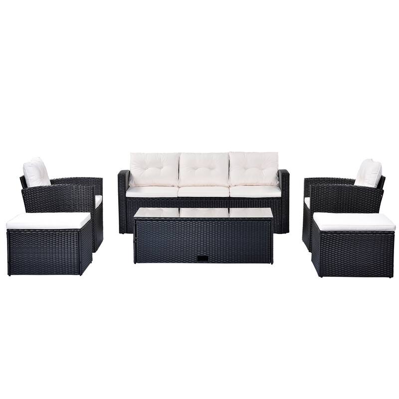 6-Pieces Outdoor Rattan Conversation Sofa Set with Coffee Table and 2 Ottoman