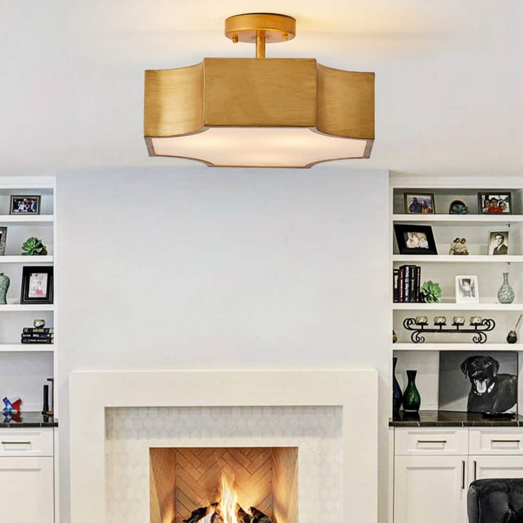 15" Antique Gold Metal 3-Light French Country Drum Semi-Flush Mount Ceiling Light