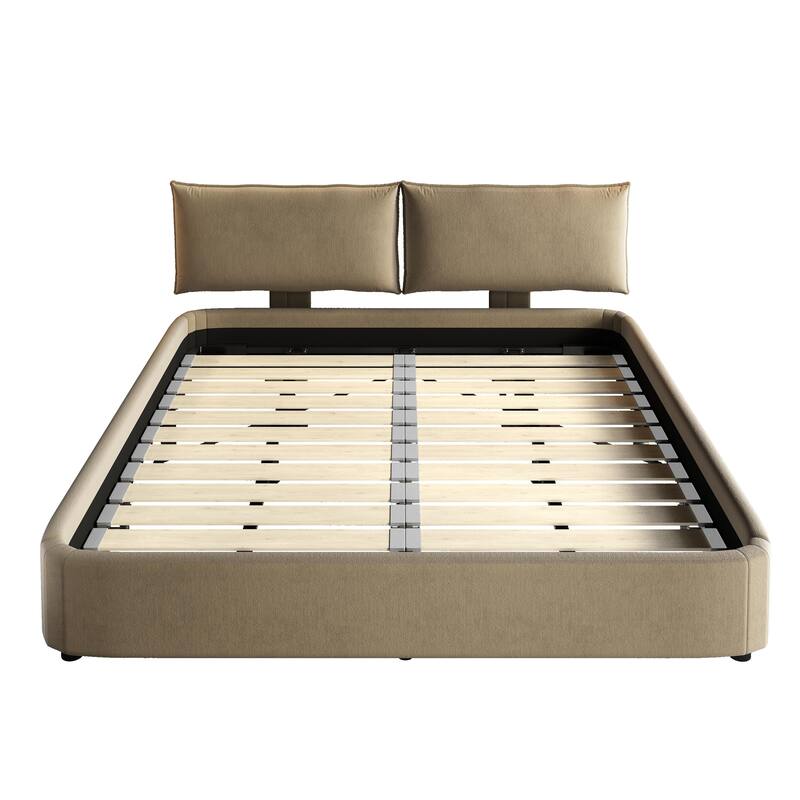 King Size Chenille Cloud Bed Frame, Upholstered Grounding Platform Bed with Oversized Padded Movable Headboard and Round Corner