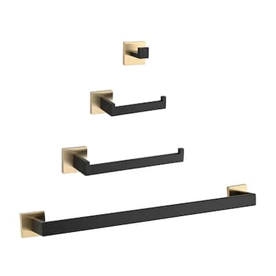 4 Piece Bathroom Hardware Set Matte Black & Gold Bathroom Accessories Set Wall Mount Stainless Steel Towel Holder Bar Set