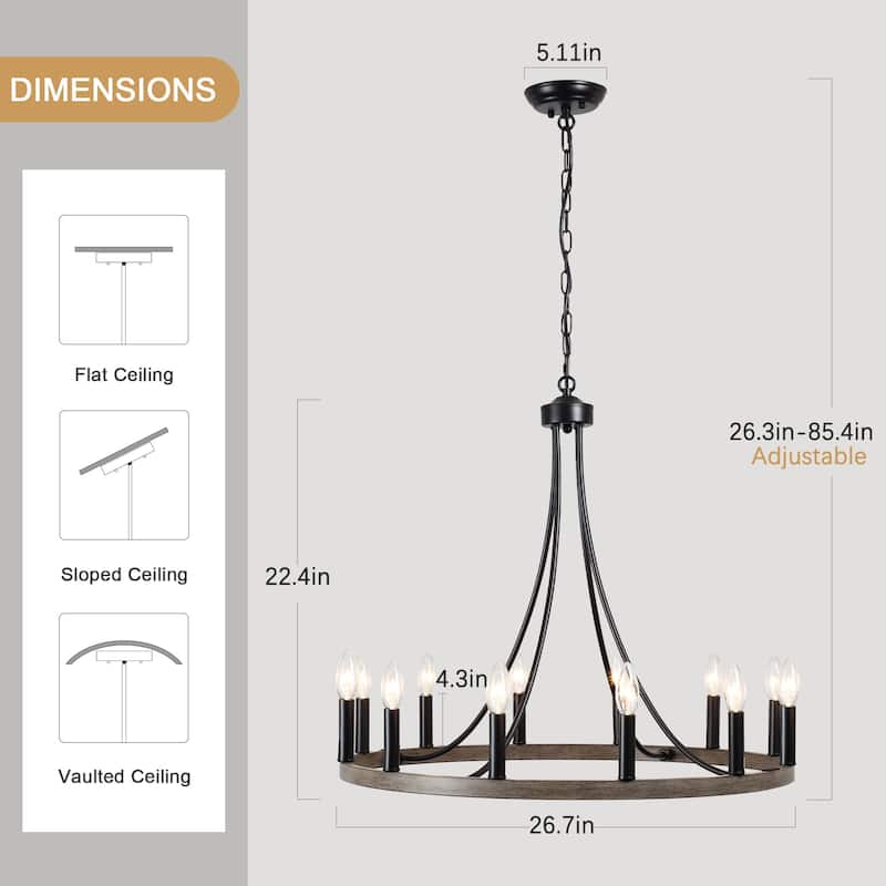 12-light Rustic Farmhouse Wagon Wheel Chandelier Candle Dining Room Lighting - N/A