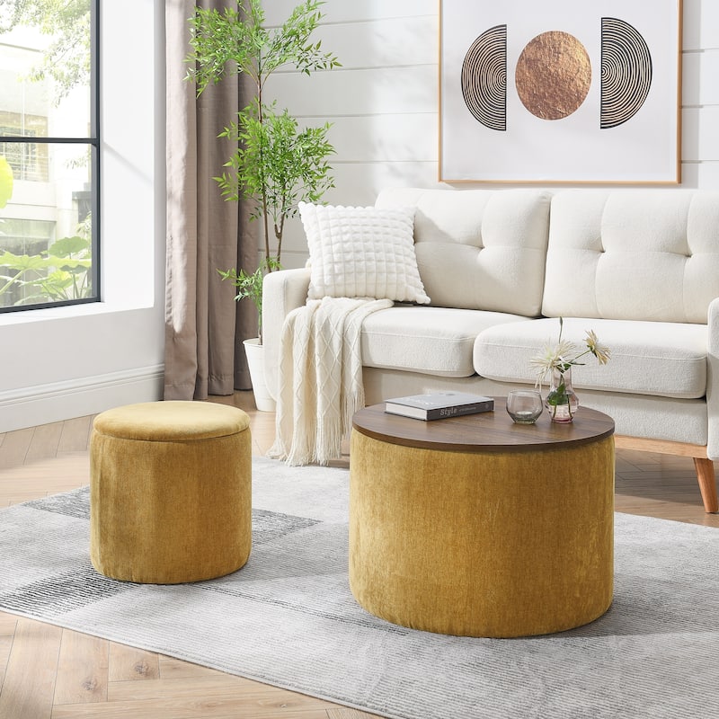 2-Piece Set Round Chenille Storage Ottoman, Equipped with a Drum Shaped Small Stool, Storage Space, and MDF Made Desktop Panel - Dark yellow