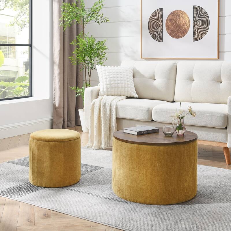 Roomfitters 2-Piece Round Chenille Storage Ottoman Set with Drum-Shaped Stool and MDF Top, Hidden Compartment - Dark yellow