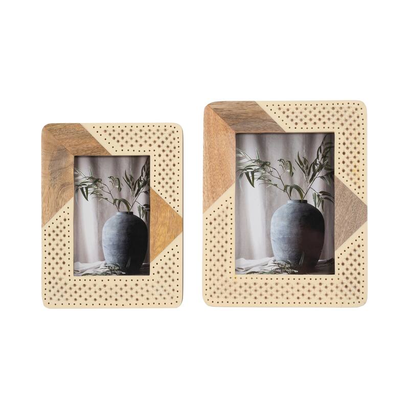 Sagebrook Home Modern Neutral Resin Ivory/Natural Wood and Woven Photo Frame