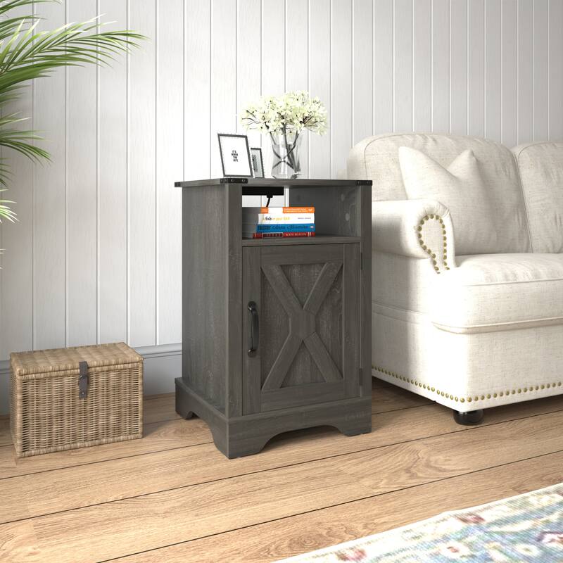 Rustic Farmhouse Nightstand with Charging Station, Dark Gray, Ample Storage - DARK GREY