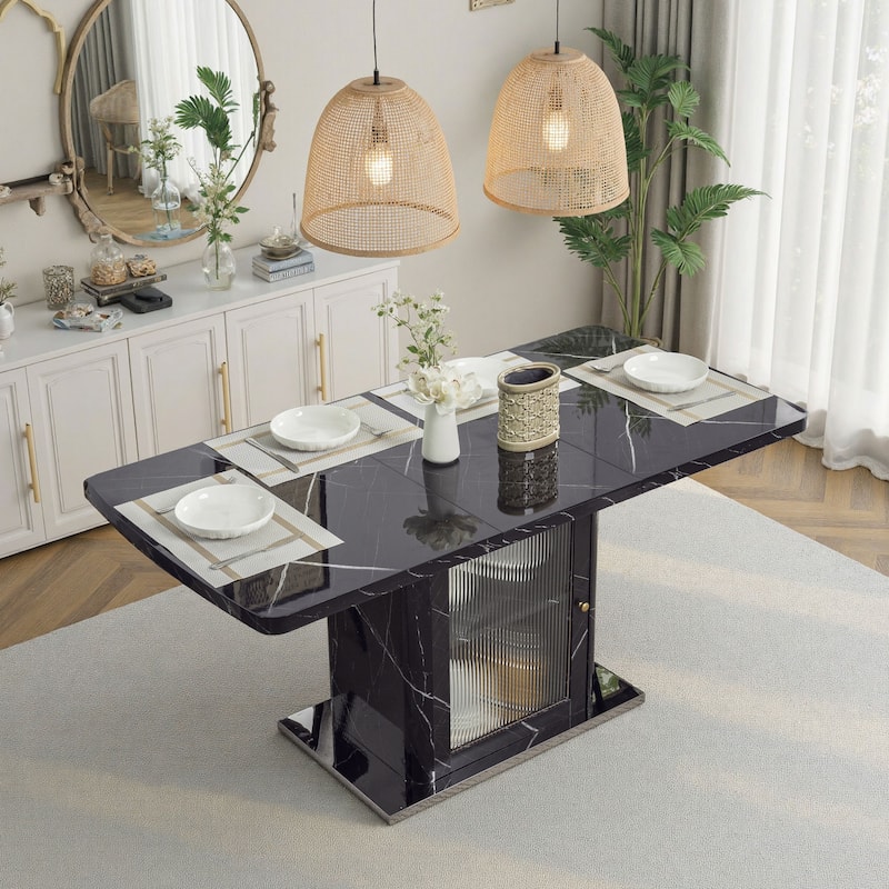 47-63" Modern Extendable Dining Table with Marble Top, Storage Leg & Metal Base