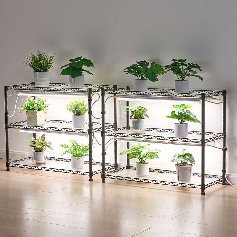 Black Metal 6-Tier Indoor Plant Stand with 8 Cold LED Grow Lights and DIY Shelves - 29.53 x 13.78 x 70.87 in/