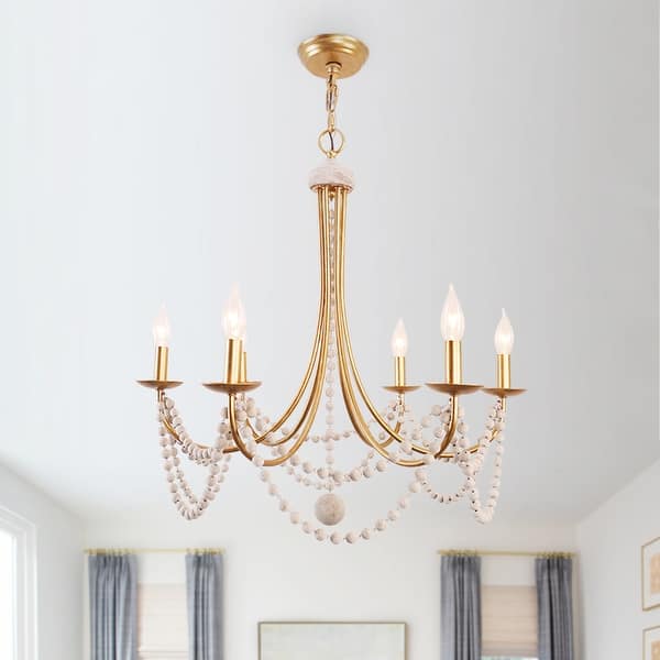 slide 1 of 18, Farmhouse Bohemia Chic 6-light Wood Beaded Chandelier Rusty Gold