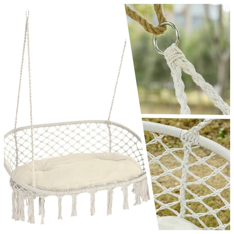 Patio Hanging Cotton Hammock Swing with Soft Cushion and Steel Metal