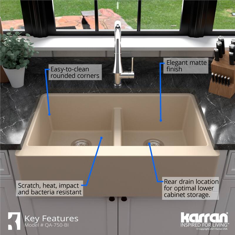 Karran Farmhouse Apron Front Quartz Double Bowl Kitchen Sink