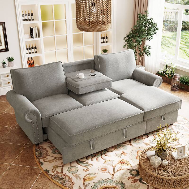 95" Convertible Sectional Sleeper Sofa with Storage Chaise, Pull-Down Tray & Cup Holders, Acacia Wood Frame (Polyester)