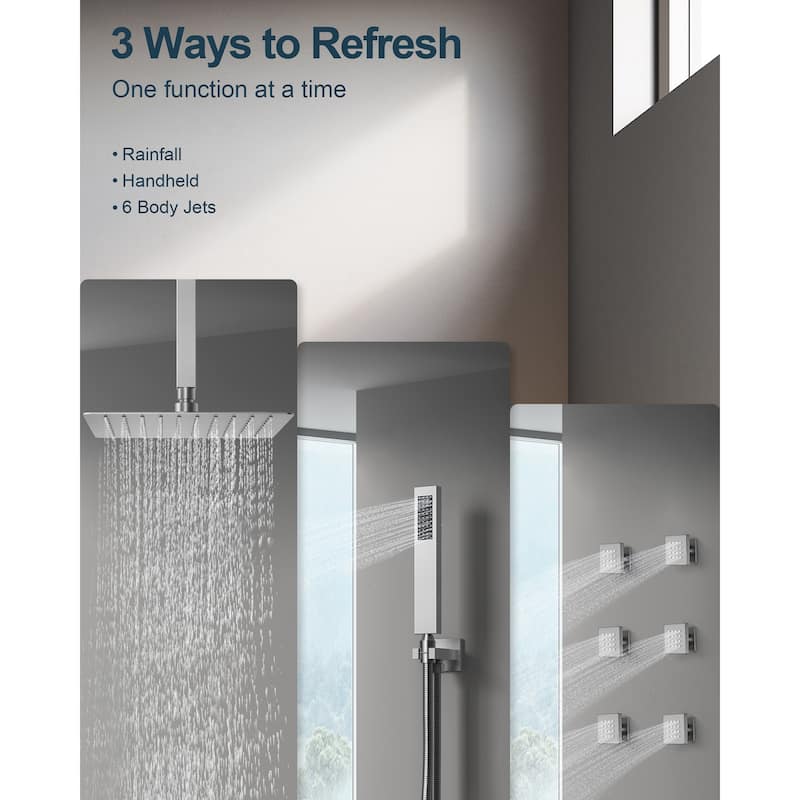 GRANDJOY Thermostatic Shower System Rainfall 12" Ceiling Mount Shower Faucet Digital Display Body Jets Handheld Shower Head