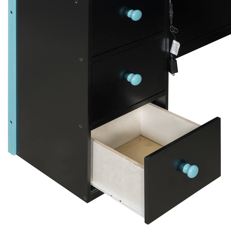 Full Size Gaming Loft Bed with Desk Full Wall Storage Shelf and 3 Drawers Storage Guardrail with Adjustable Door for Gaming Room