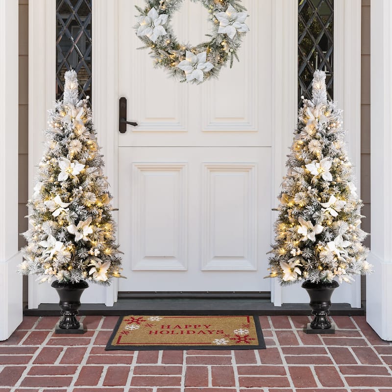 Glitzhome 4ft/5ft Pre-Lit Pine Artificial Christmas Potted Porch Trees with Warm White Lights and Poinsettia