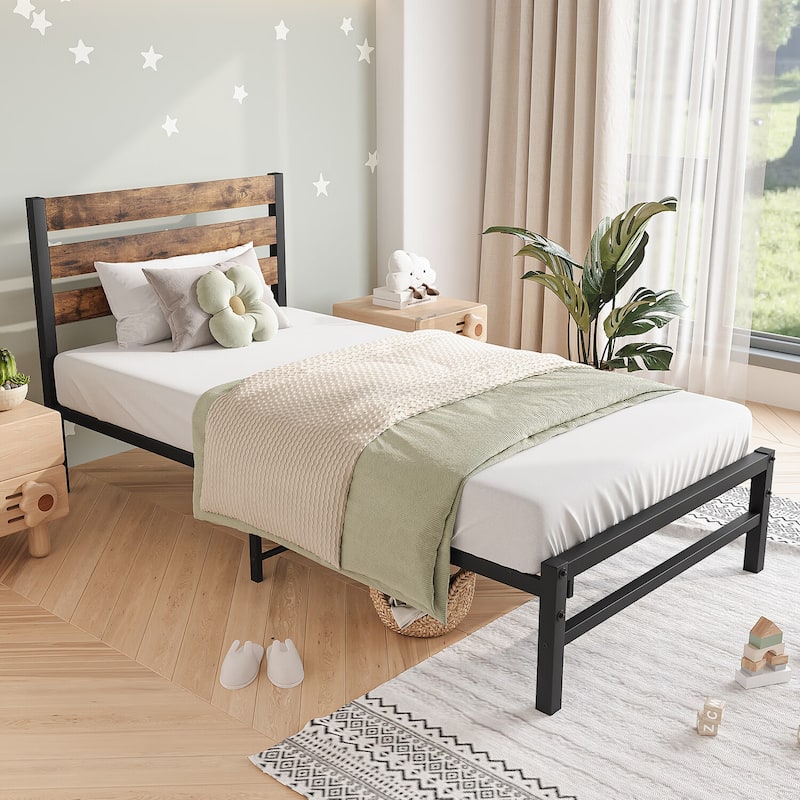Metal Low Profile Platform Bed with Rustic Vintage Wood Headboard