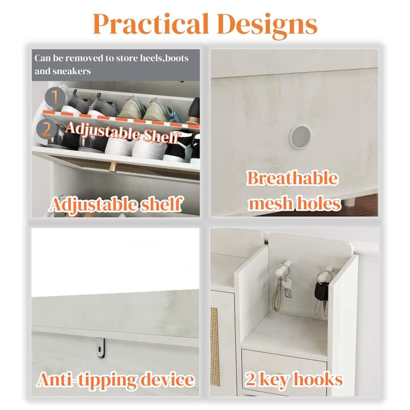 Freestanding Shoe Storage Cabinet, Narrow Hidden Shoe Rack with 3 Rattan Flip Drawers, 3 Square Shelves & 1 Storage Drawer