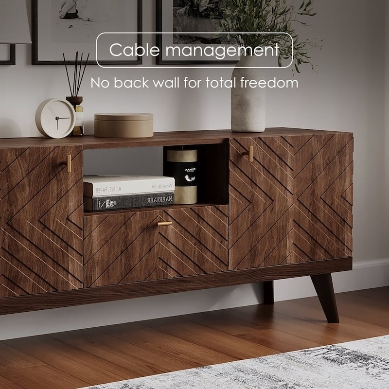 Living Skog Alba Beige TV Stand Console with Drawer Fits TV's up to 65 in. with Wood Legs Mid Century Modern Design