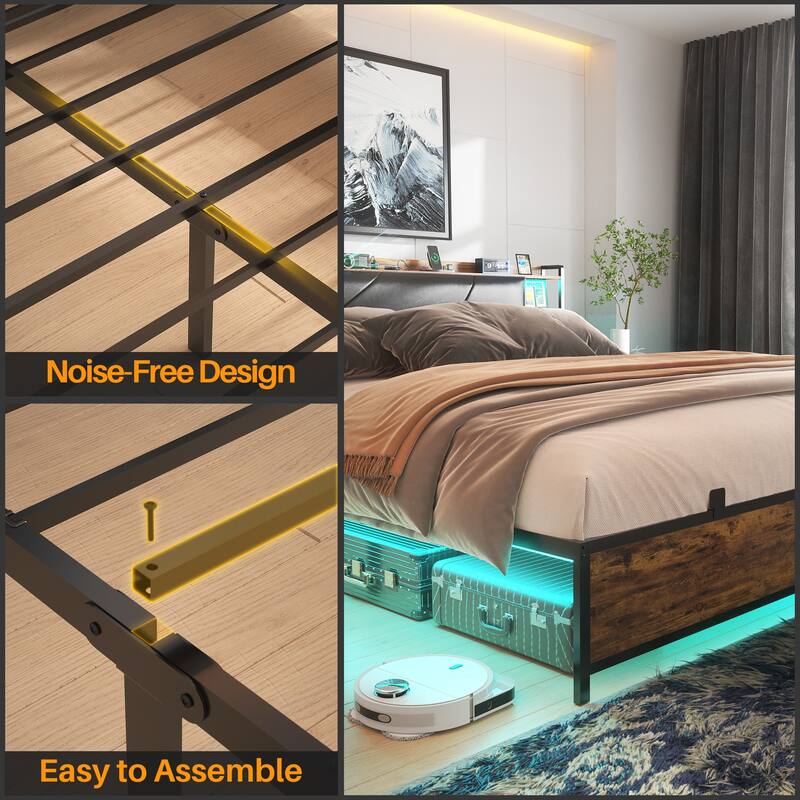Bed Frame with Upholstered Storage Headboard,Matel Platform Bed with Charging Station and RGB LED Lights,Easy Assembly