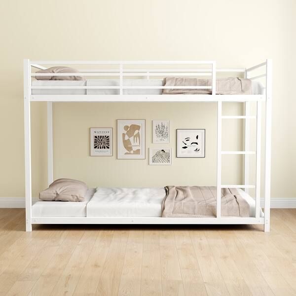 slide 2 of 7, Metal Twin over Twin Bunk Bed, Heavy-duty Sturdy Metal,Noise Reduced, Safety Guardrail White