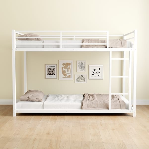 slide 2 of 7, Twin over Twin Heavy-duty Sturdy Metal Bunk Bed with Safety Guardrail White