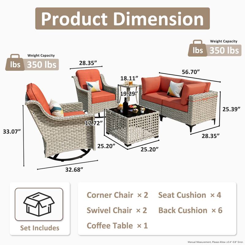 OVIOS 6 Pieces Outdoor Wicker Swivel Chair Set With Solar-Powered Coffee Table