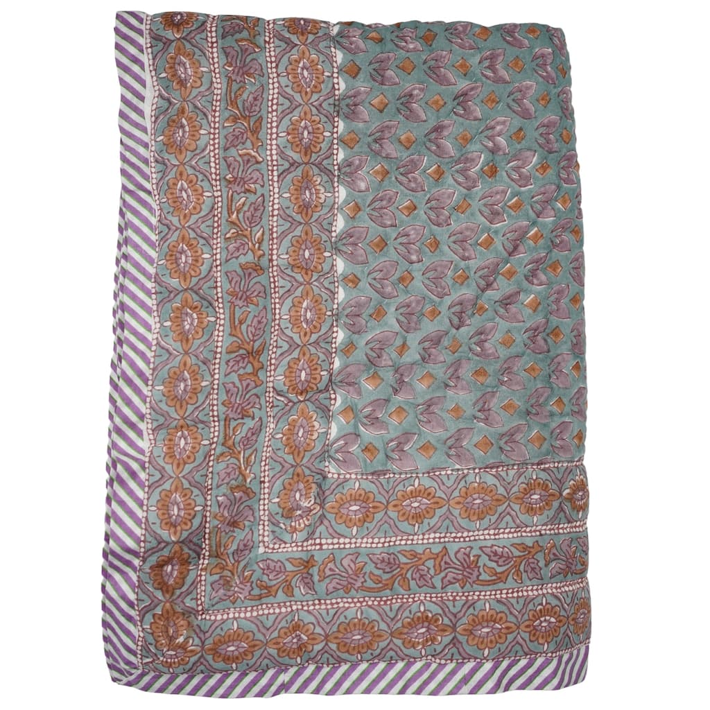 Fabdivine Luxury Hand Block Print Cotton Quilt Floral Boho Bedding for Bedroom & Sofa, Pink Brown, Handmade Reversible Bedspread