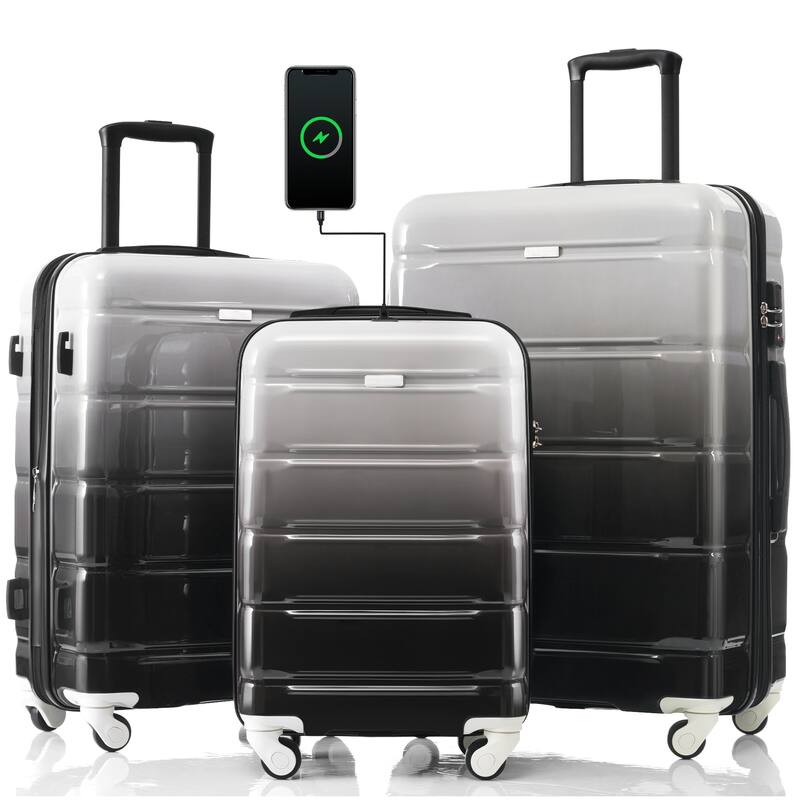 Luggage Set of 3, ABS+PC Hard Shell Carry-on Suitcases with Cup Holder and USB Port & Spinner Wheels, for Men Women Travel - Black+Gery