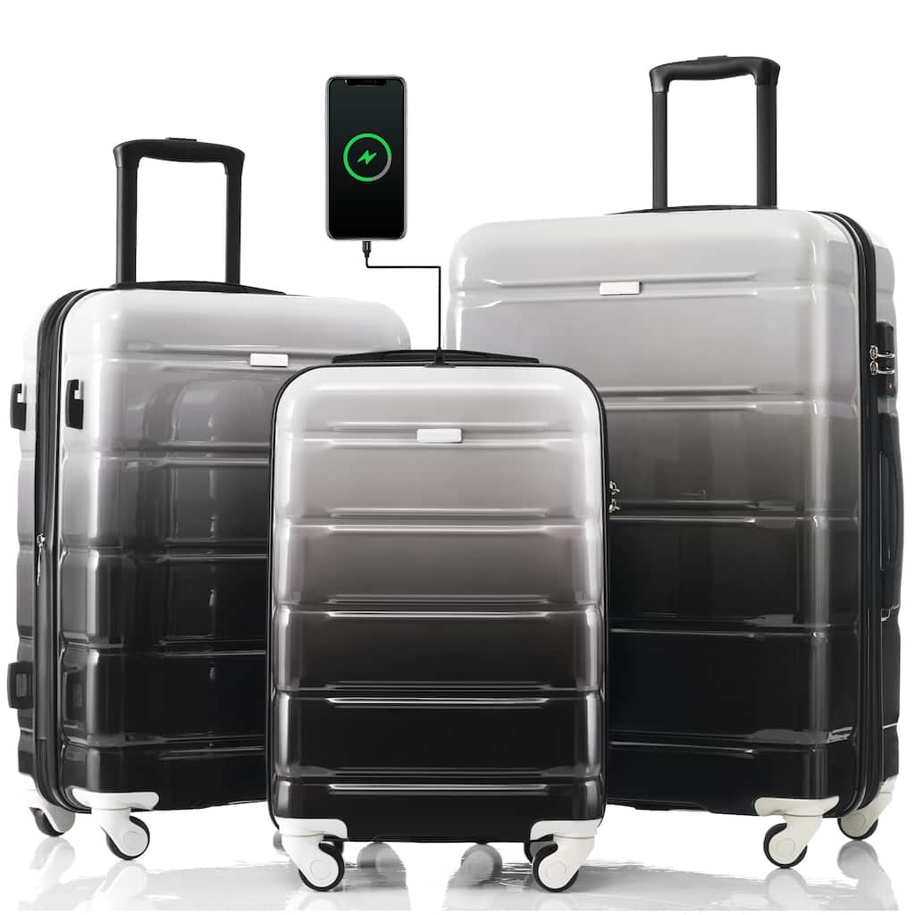 Luggage Set of 3, ABS+PC Hard Shell Carry-on Suitcases with Cup Holder and USB Port & Spinner Wheels, for Men Women Travel