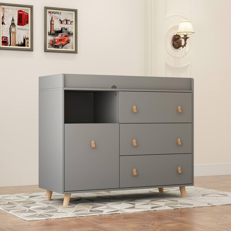 Baby Changing Table Dresser with 4 Drawers,Shelf Hidden Trash Storage