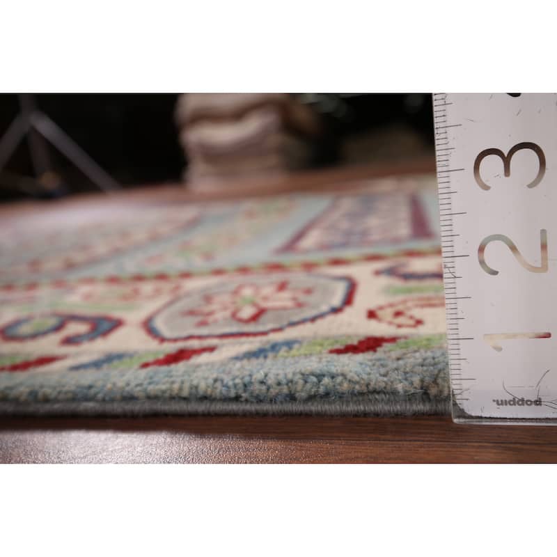Geometric Blue Kazak Oriental Runner Rug Hand-Knotted Wool Carpet - 3'2" x 16'1"