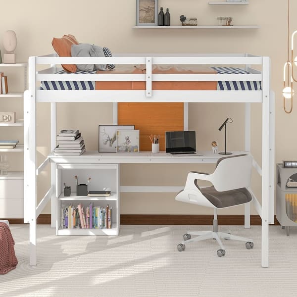 slide 2 of 14, Multifunctional Design Loft Bed with Built-in Writing Desk and Shelves, Efficient space, Full size, White White