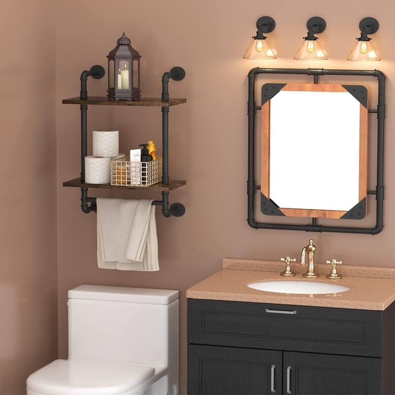 Industrial Pipe Floating Bathroom Shelves Wall Mounted with Towel bar - 7.8"D x 15.7"W x 25.6"H