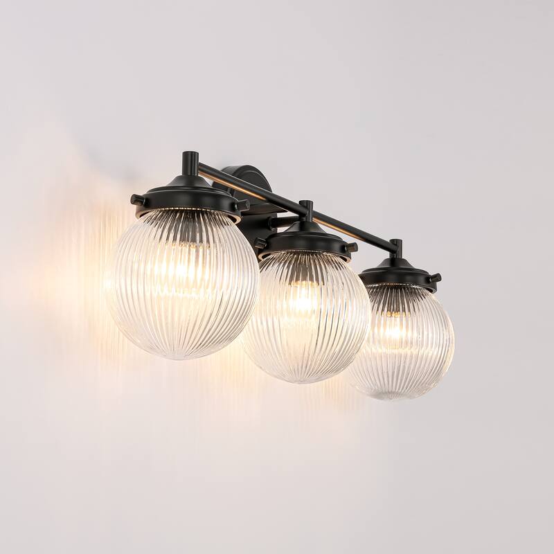 3-Light Modern Linear Ribbed Clear Glass Globe Bubble Bathroom Vanity Light over Mirror - 24.4 in. W x 9.6 in. H x 6.6 in. D