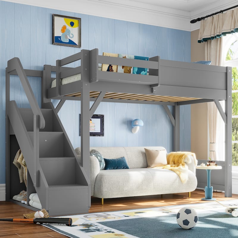 Full/Twin Loft Bed with Built-in Wardrobe, Storage & Stairs - Solid Wood, Full-Length Guardrails, No Box Spring