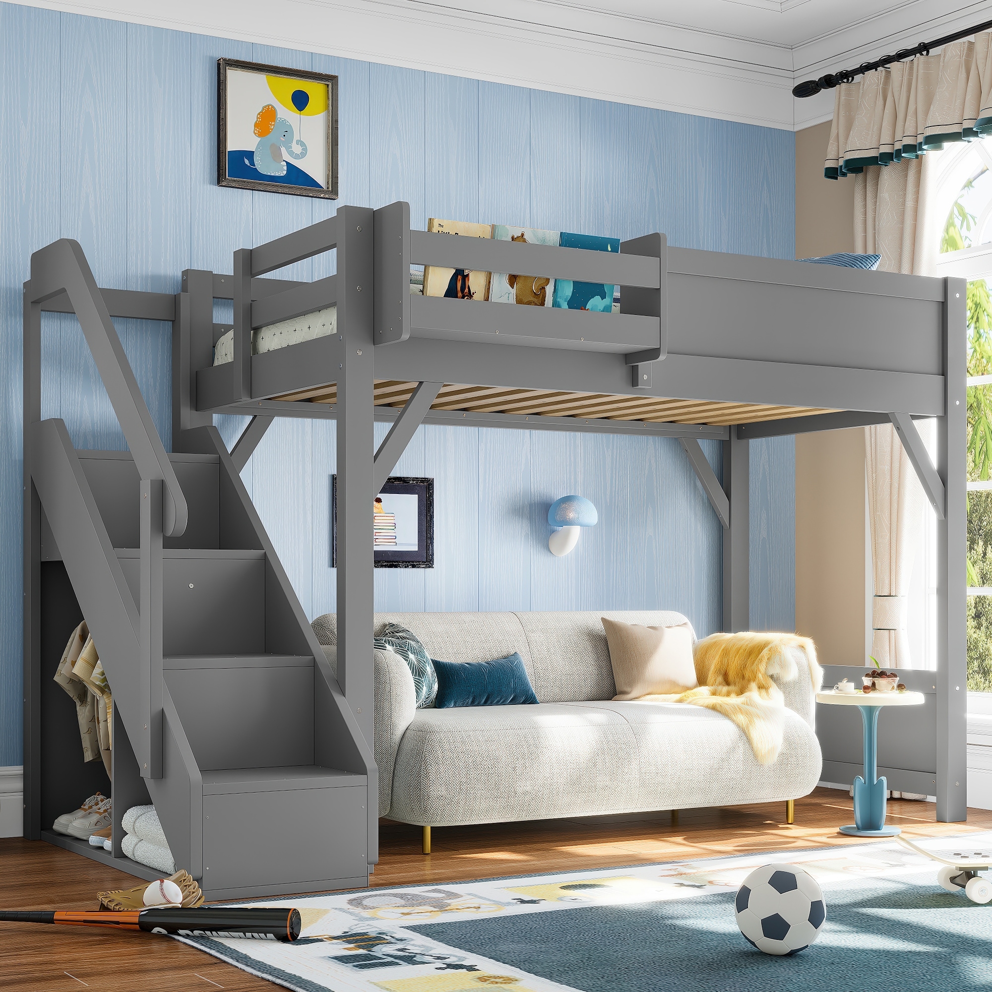 Twin Size Loft Bed with Built-in Wardrobe and Storage Space, Loft Bed with Beside Shelves, Full-length Guardrails and Stairs