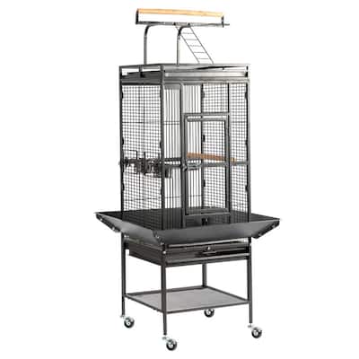61 Inch Wrought Iron Large Rolling Bird Cage With Play Top And Stand For Parrots Lovebird Cockatiel Parakeets