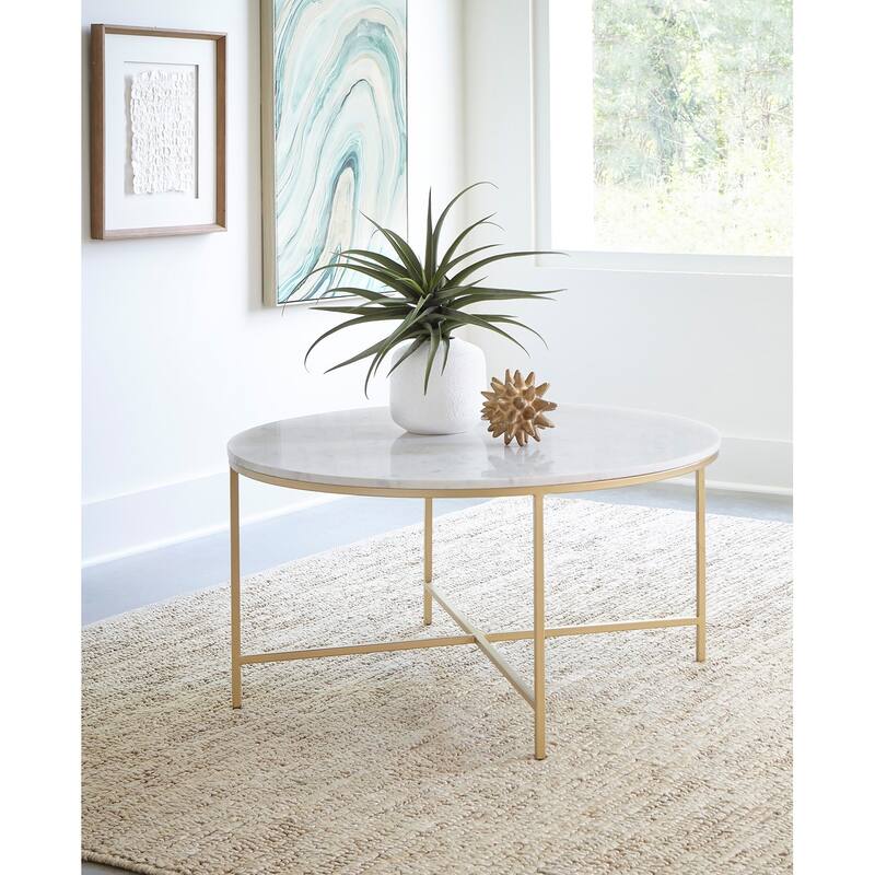 Round Faux Marble Coffee Table with Metal Legs in White and Gold