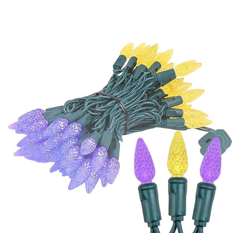 70 Light C6 LED Christmas Mini Light Set, Purple/Yellow, Green Wire, 24 Feet - Large