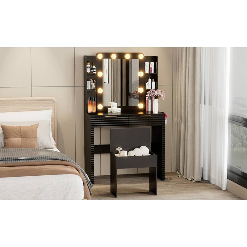 Roomfitters Makeup Vanity Table with Hollywood Lighted Mirror, Fluted Ribbed Drawers, Hair Dryer Holder and Stool, Black