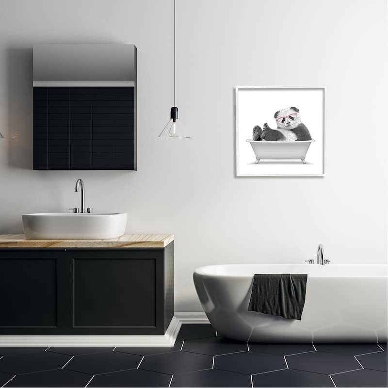 Stupell Quirky Panda Bathtub Pink Glasses Minimal Design Framed Wall Art - Grey