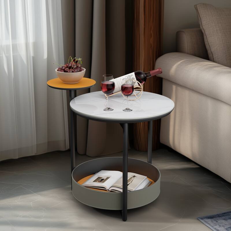 Round End Table White Slate Top, Storage Basket