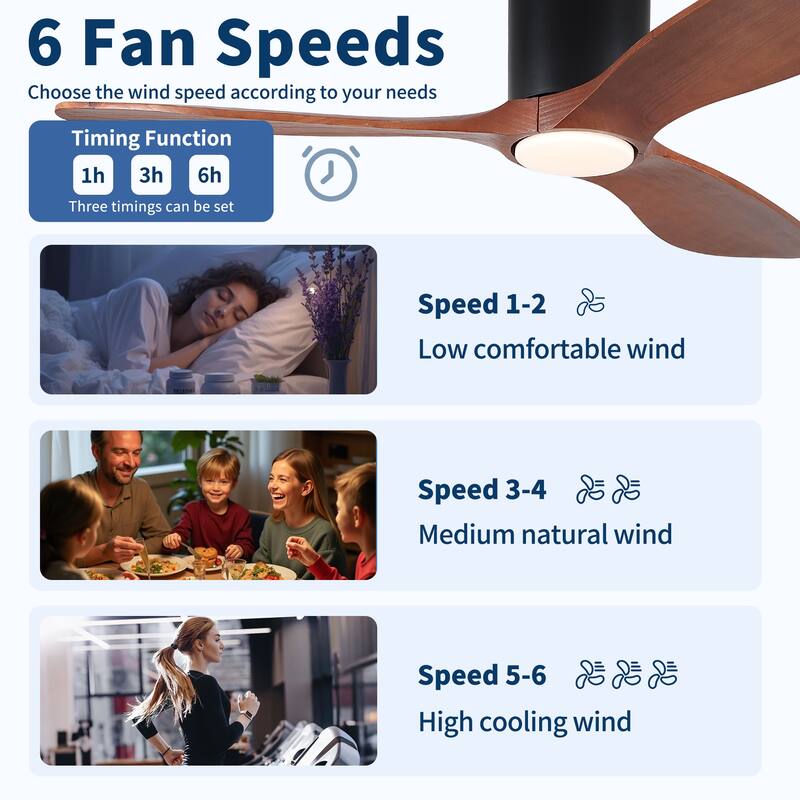 52" Mordern Farmhouse Retro Solid Wood Low Profile Flush Mount Ceiling Fan with Light and Reversible Quiet Motor