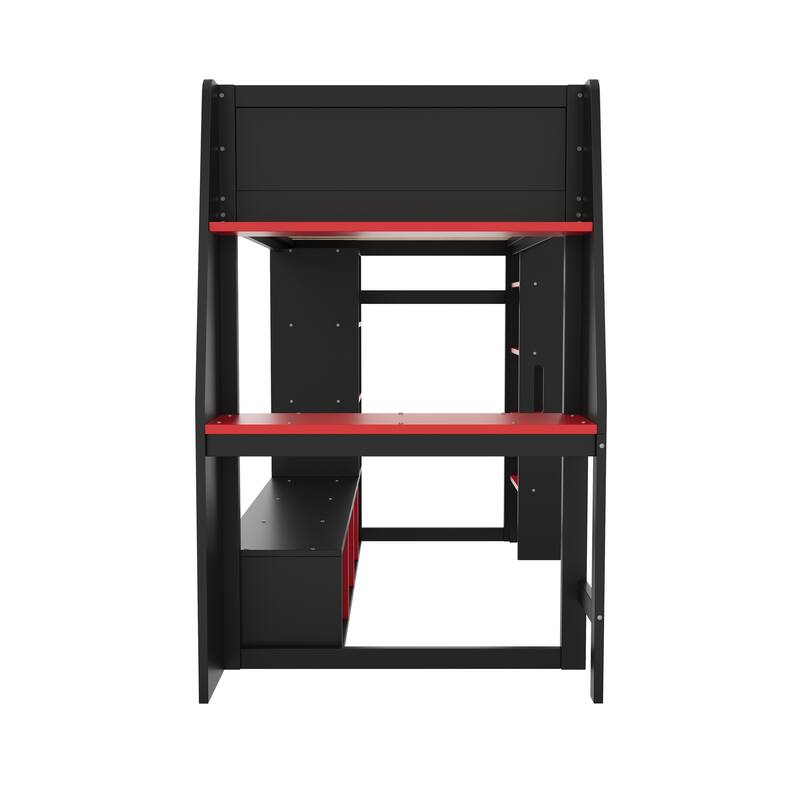 Black Gaming Loft Bed with Desk, Cabines Shelves, LED and Clothes Rack