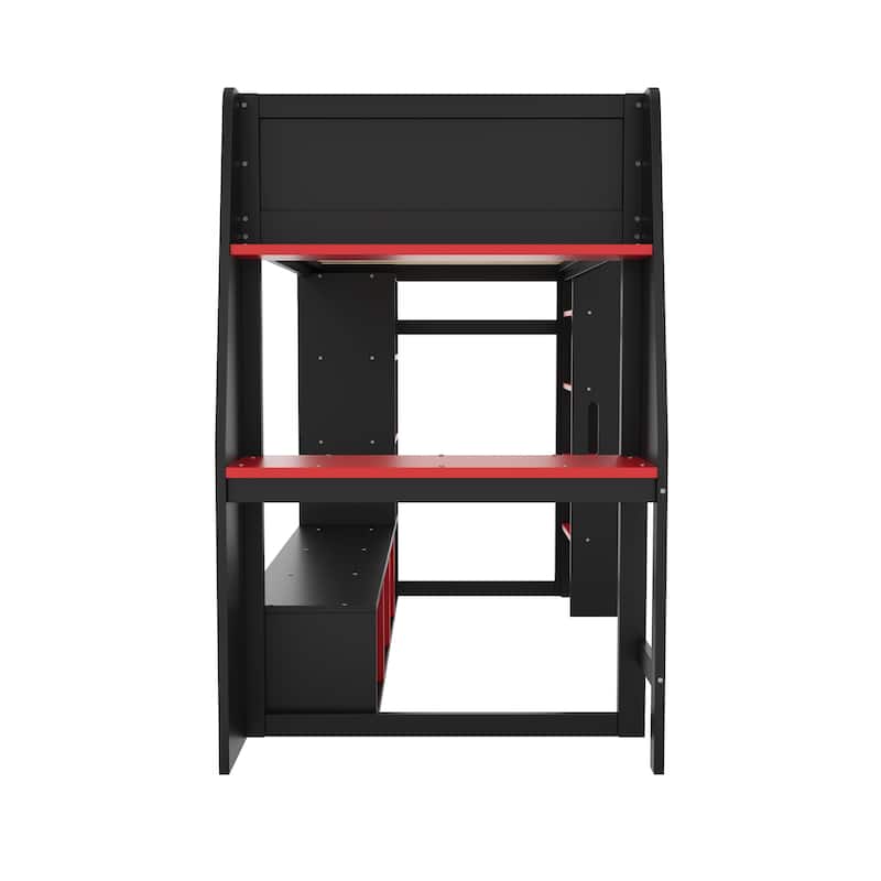 Gaming Loft Bed Teen Bed Frame with Desk Multi-storage Shelves Hanging Clothes Rack Space Saving LED Workstation Loft Bed