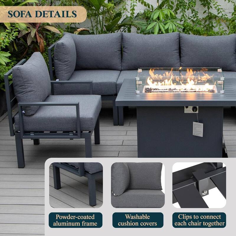 Chelsea 7-Piece Outdoor Patio Sectional Set with Firepit Table in Black Aluminum for Backyard Garden and Patio Deck