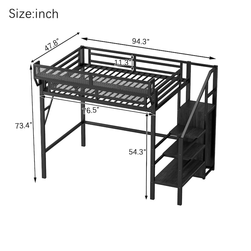 Metal Loft Bed with Wooden Stairs Built-in Storage Shelves and Wardrobe, High Loft Bed Frame with Side Grid Storage Rack