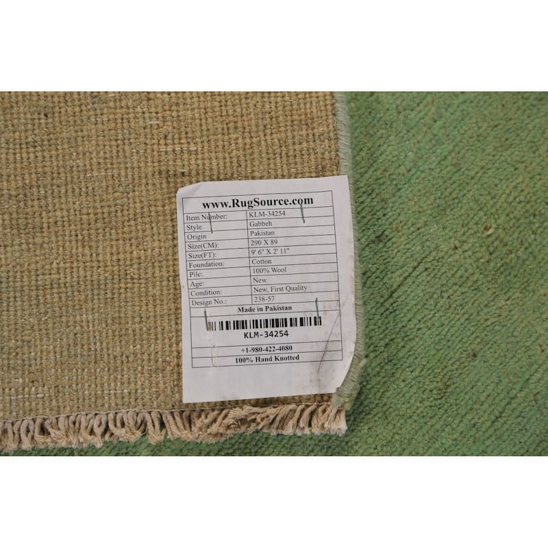 Green Modern Gabbeh Runner Rug Hand-Knotted Wool Carpet - 2'11" x 9'6"