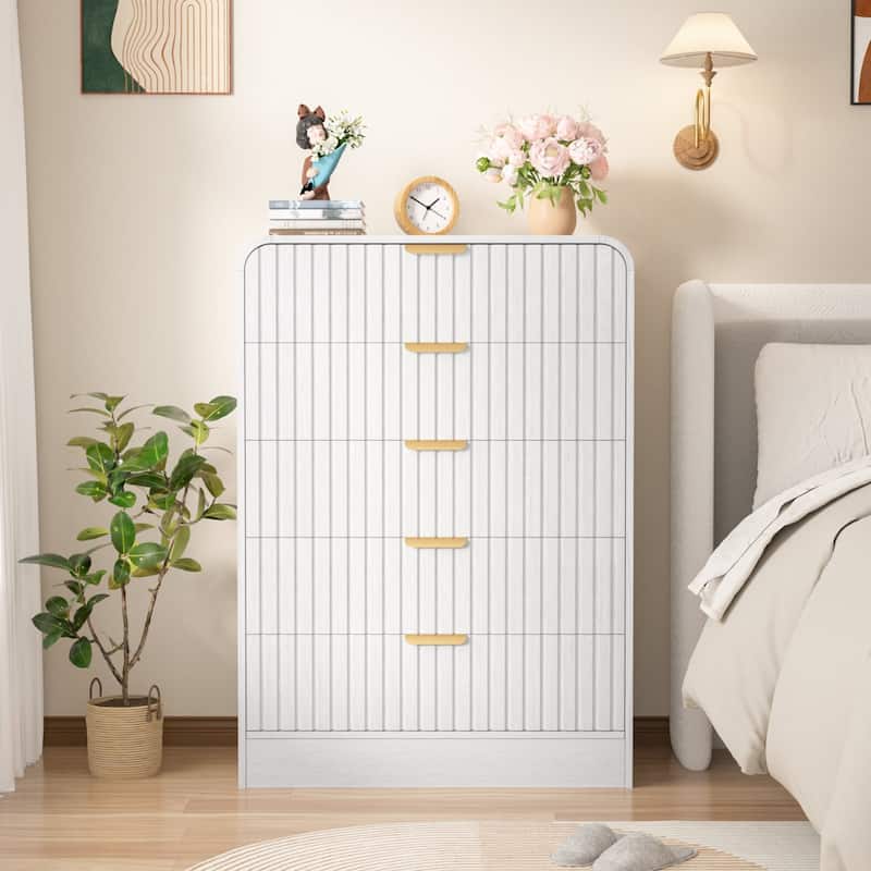 VEIKOUS 5-Drawer Chest of Drawers with Curved Edges & Waveform Fluted Panel Design, Wooden Dresser for Bedroom - White