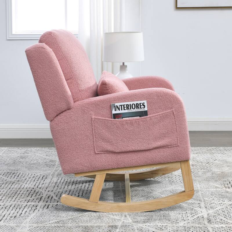 High Back Rocker Accent Chair with Wood Base, One Lumbar Pillow and Two Side Pockets