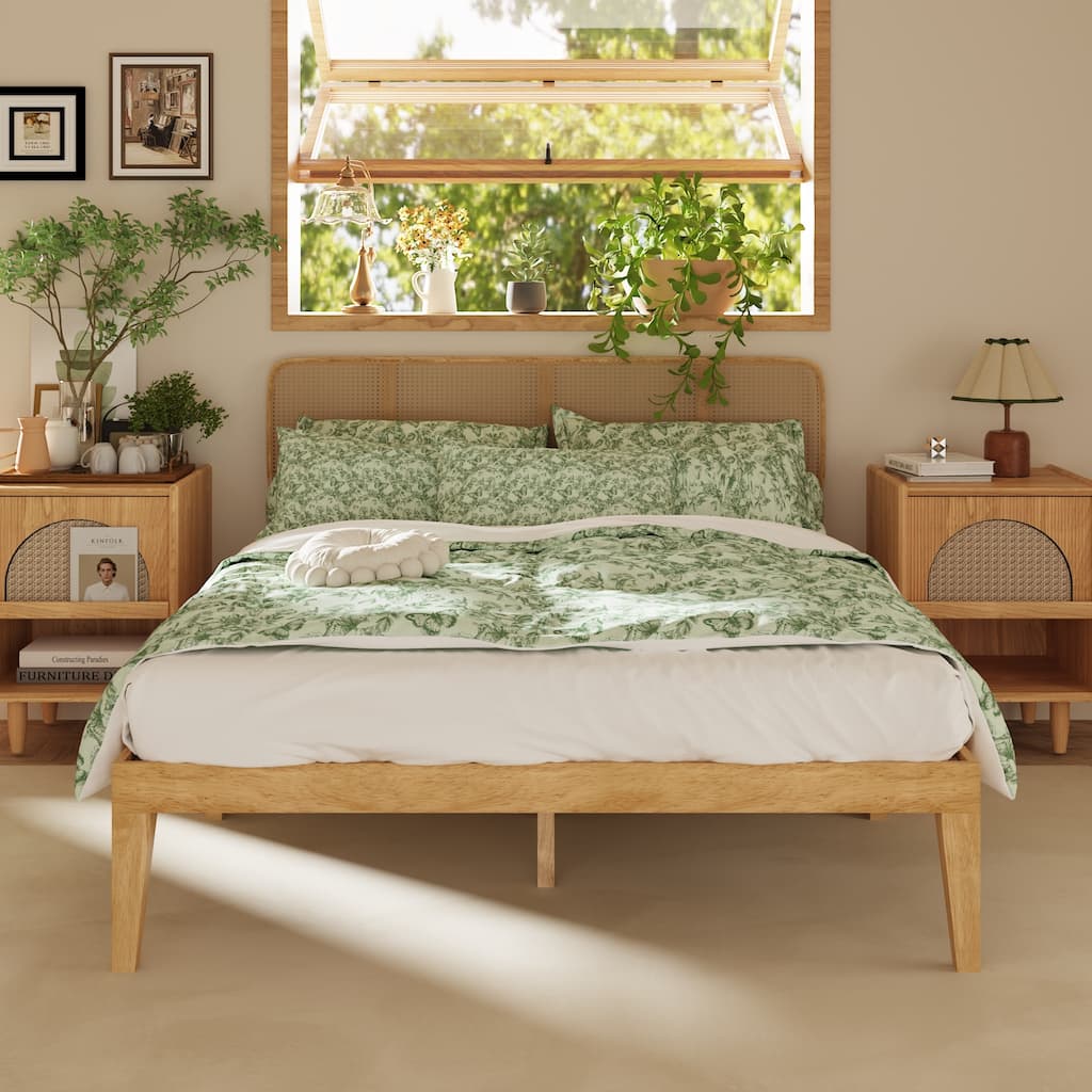 Solid Wood Platform Bed Frame with Rattan Headboard, 600 lbs Heavy Duty Support, Plywood Slats Queen / Full Size